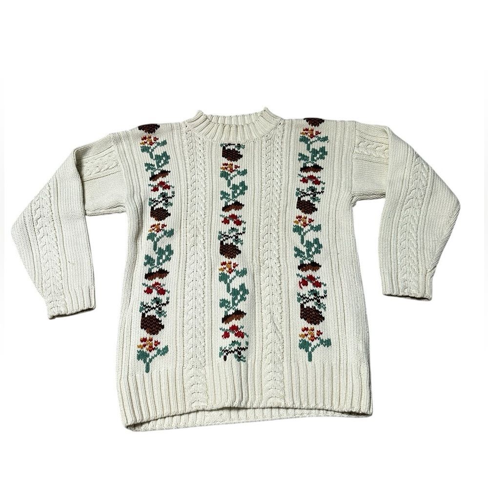 Rare VTG 1991 Eddie Bauer Knit Sweater W M Hong Kong 100% Cotton Acorn Pattern